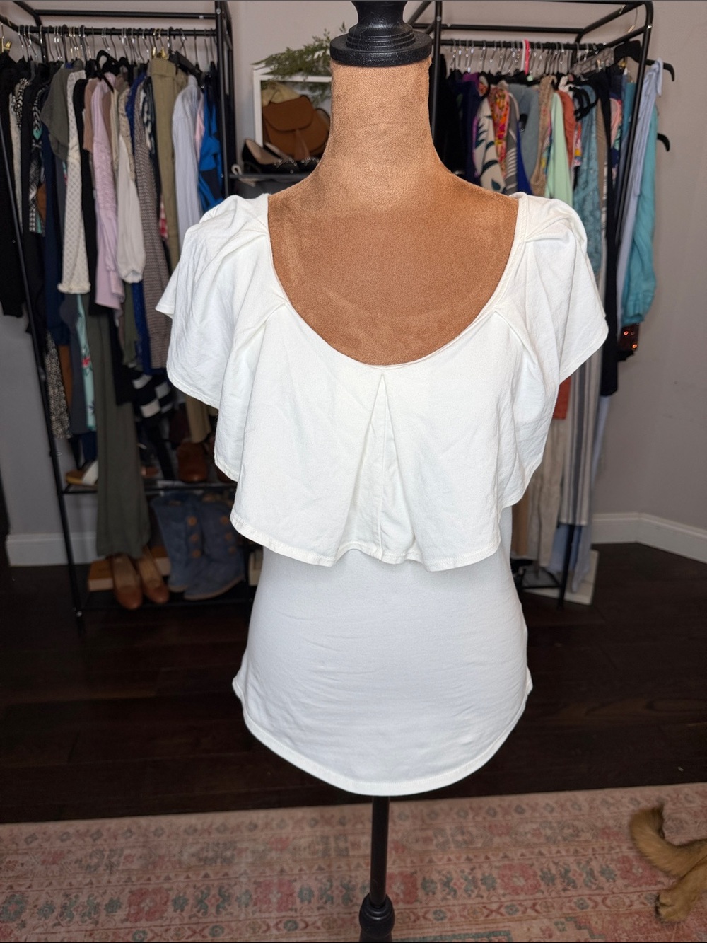 Free People White Ruffle Scoop Tank